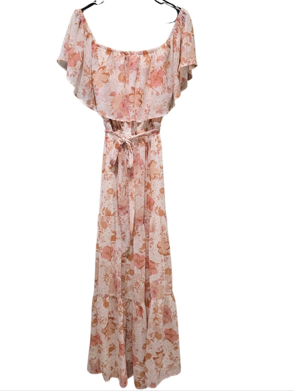 Love Colette Floral Off-Shoulder Dress With Gold Metallic Accents Large